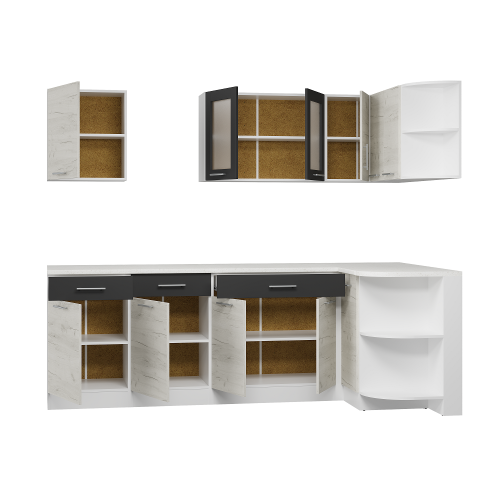 Set mobilier bucatarie ECO № 7, 11 usi, 3 sertar, 240/118х198х60 cm, Alb, Stejar kraft alb, Grafit