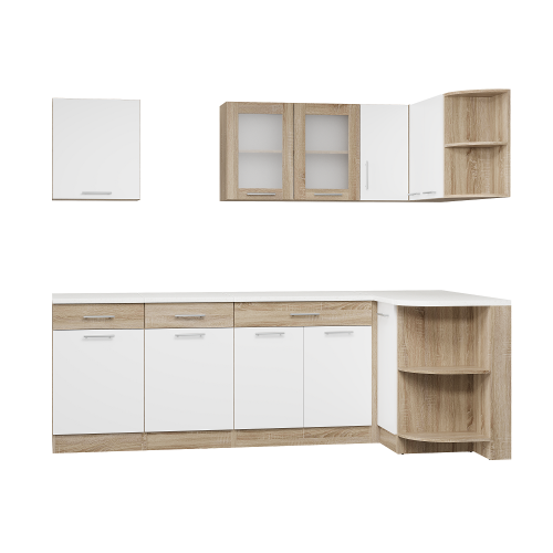 Set mobilier bucatarie ECO № 7, 11 usi, 3 sertar, 240/118х198х60 cm, Stejar Sonoma, Alb