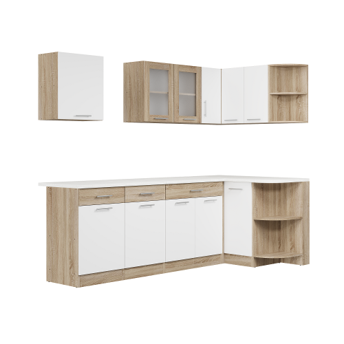 Set mobilier bucatarie ECO № 7, 11 usi, 3 sertar, 240/118х198х60 cm, Stejar Sonoma, Alb