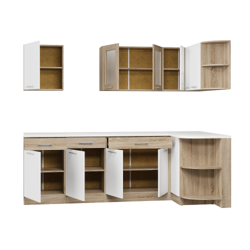 Set mobilier bucatarie ECO № 7, 11 usi, 3 sertar, 240/118х198х60 cm, Stejar Sonoma, Alb