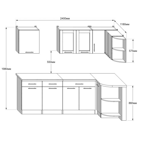 Set mobilier bucatarie ECO № 7, 11 usi, 3 sertar, 240/118х198х60 cm, Alb, Stejar kraft alb, Grafit