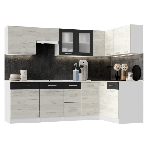 Set mobilier bucatarie ECO № 8, 15 usi, 6 sertar, 250/140х198х60 cm, Alb, Stejar kraft alb, Grafit Set mobilier bucatarie ECO № 8, 15 usi, 6 sertar, 250/140х198х60 cm, Alb, Stejar kraft alb, Grafit