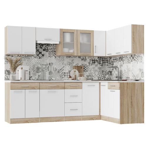 Set mobilier bucatarie ECO № 8, 15 usi, 6 sertar, 250/140х198х60 cm, Stejar Sonoma, Alb
