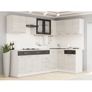 Set mobilier bucatarie ECO № 8, 15 usi, 6 sertar, 250/140х198х60 cm, Alb, Stejar kraft alb, Grafit
