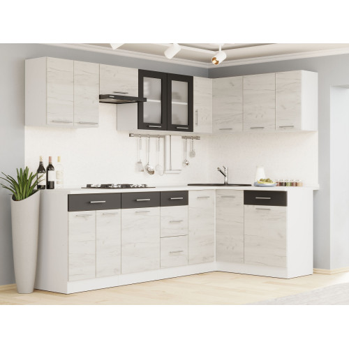 Set mobilier bucatarie ECO № 8, 15 usi, 6 sertar, 250/140х198х60 cm, Alb, Stejar kraft alb, Grafit