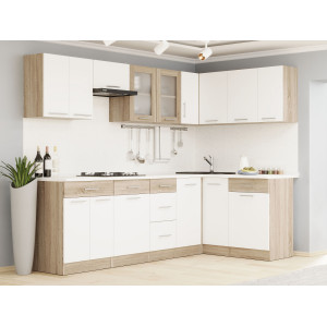 Set mobilier bucatarie ECO № 8, 15 usi, 6 sertar, 250/140х198х60 cm, Stejar Sonoma, Alb