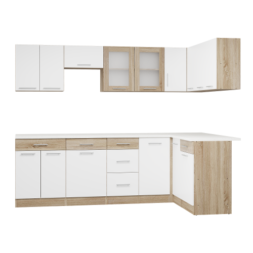 Set mobilier bucatarie ECO № 8, 15 usi, 6 sertar, 250/140х198х60 cm, Stejar Sonoma, Alb