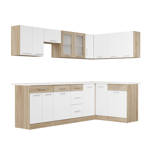 Set mobilier bucatarie ECO № 8, 15 usi, 6 sertar, 250/140х198х60 cm, Stejar Sonoma, Alb