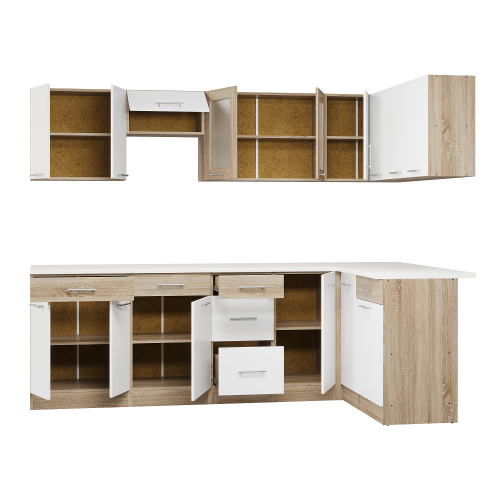 Set mobilier bucatarie ECO № 8, 15 usi, 6 sertar, 250/140х198х60 cm, Stejar Sonoma, Alb