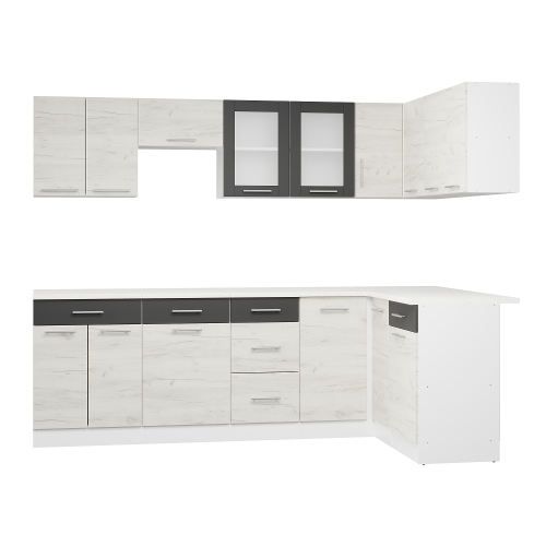 Set mobilier bucatarie ECO № 8, 15 usi, 6 sertar, 250/140х198х60 cm, Alb, Stejar kraft alb, Grafit Set mobilier bucatarie ECO № 8, 15 usi, 6 sertar, 250/140х198х60 cm, Alb, Stejar kraft alb, Grafit