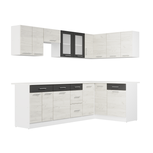 Set mobilier bucatarie ECO № 8, 15 usi, 6 sertar, 250/140х198х60 cm, Alb, Stejar kraft alb, Grafit Set mobilier bucatarie ECO № 8, 15 usi, 6 sertar, 250/140х198х60 cm, Alb, Stejar kraft alb, Grafit