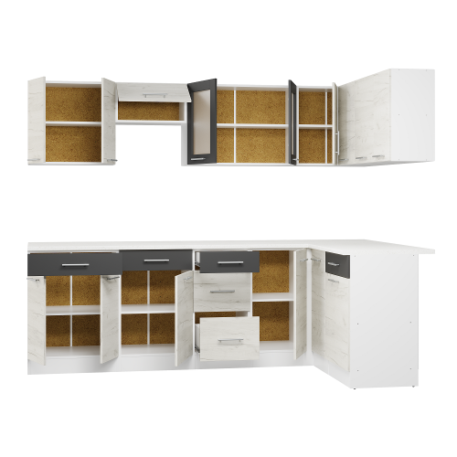 Set mobilier bucatarie ECO № 8, 15 usi, 6 sertar, 250/140х198х60 cm, Alb, Stejar kraft alb, Grafit Set mobilier bucatarie ECO № 8, 15 usi, 6 sertar, 250/140х198х60 cm, Alb, Stejar kraft alb, Grafit