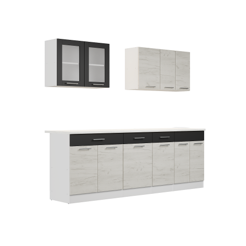 Set mobilier bucatarie ECO № 9, 11 usi, 3 sertar, 230х198х60 cm, Alb, Stejar kraft alb, Grafit