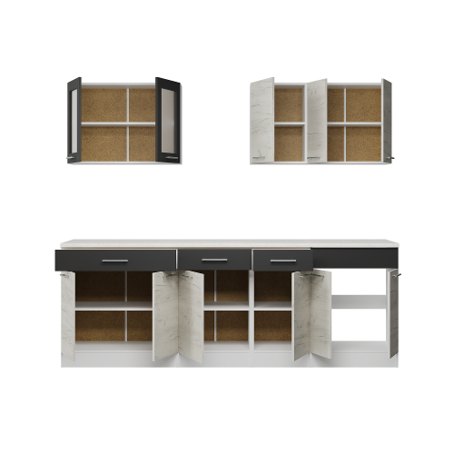 Set mobilier bucatarie ECO № 9, 11 usi, 3 sertar, 230х198х60 cm, Alb, Stejar kraft alb, Grafit