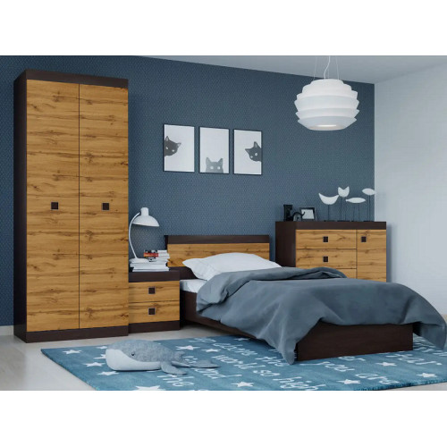 Set dormitor pentru copii Sonata 7, Wenge inchis, Stejar kraft gold