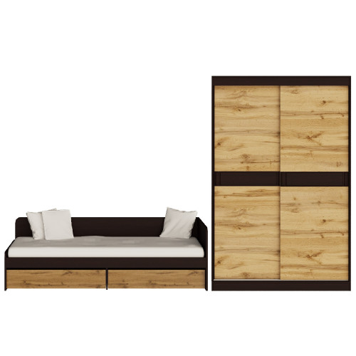 Set dormitor pentru copii Sonata 3, Wenge inchis, Stejar kraft gold