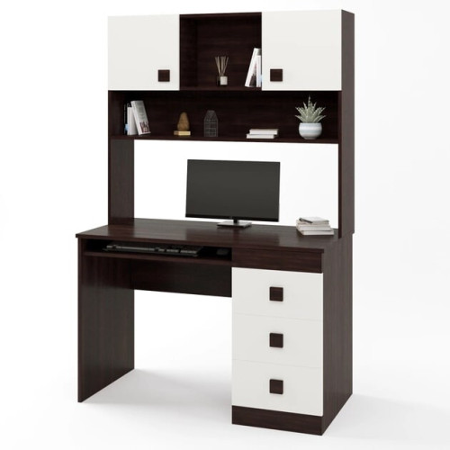 Birou de calculator cu suprastructura Sonata, Wenge inchis, Alb