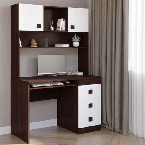 Birou de calculator cu suprastructura Sonata, Wenge inchis, Alb