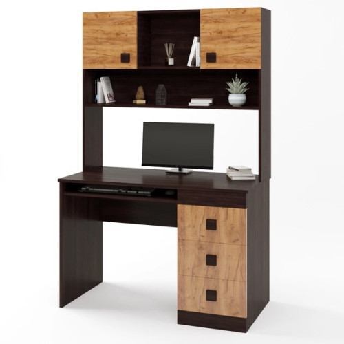 Birou de calculator cu suprastructura Sonata, Wenge inchis, Alb