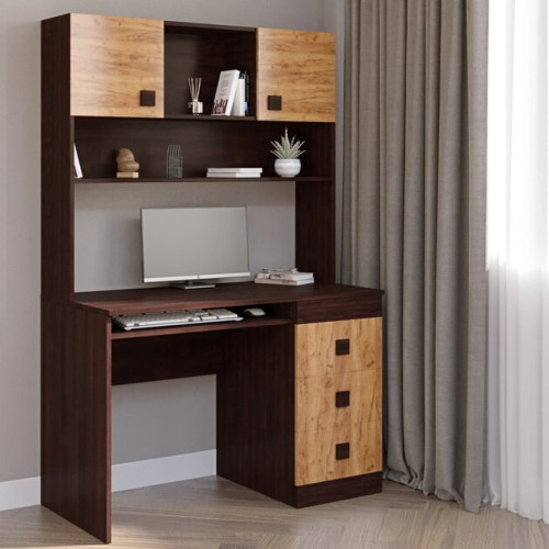 Birou de calculator cu suprastructura Sonata, Wenge inchis, Stejar kraft gold