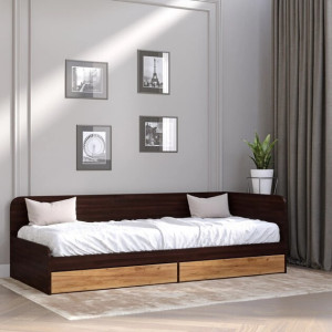 Pat cu sertare Sonata 800 cu cadru de saltea din PAL 82x190 cm, Wenge inchis, Stejar kraft gold