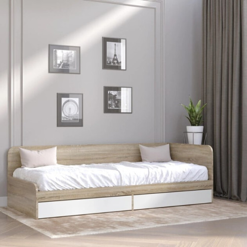 Pat cu sertare Sonata 800 cu cadru de saltea din PAL 82x190 cm, Stejar Kraft Alb