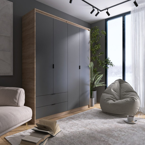 Dulap cu patru usi și rafturi 1600 CITY, Stejar Sonoma, Graphite
