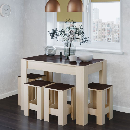 Set masă de sufragerie STO-1 + 4 scaune, Wenge dark, Milky Oak