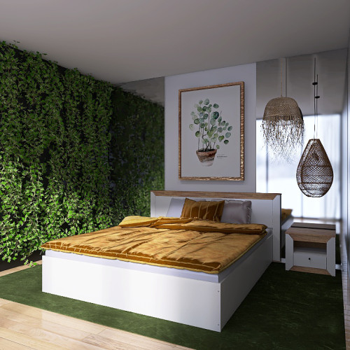 Set Dormitor Nordic 2, pat 160x200 cm, Stejar kraft gold, Alb