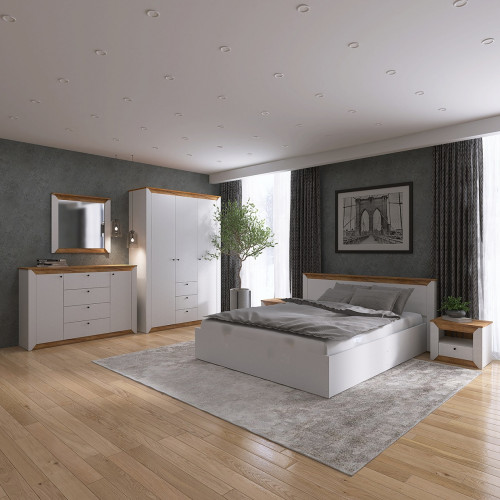 Set Dormitor Nordic 3, pat 160x200 cm, Stejar kraft gold, Alb