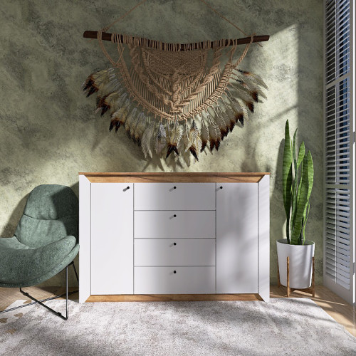 Set Dormitor Nordic 3, pat 160x200 cm, Stejar kraft gold, Alb