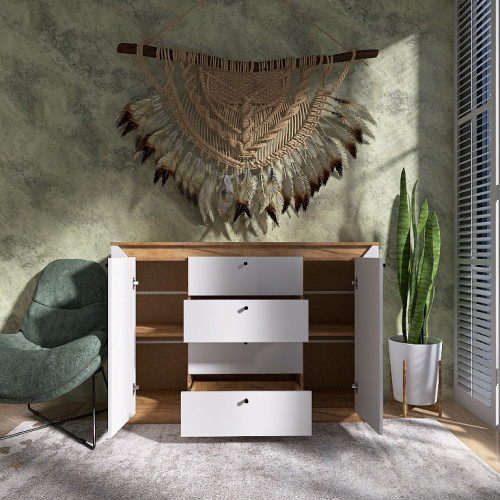 Set Dormitor Nordic 3, pat 160x200 cm, Stejar kraft gold, Alb