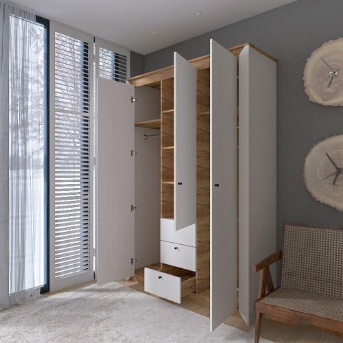Set Dormitor Nordic 3, pat 160x200 cm, Stejar kraft gold, Alb