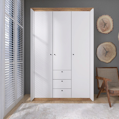Set Dormitor Nordic 3, pat 160x200 cm, Stejar kraft gold, Alb