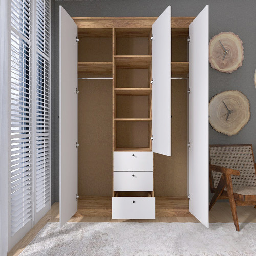 Set Dormitor Nordic 3, pat 160x200 cm, Stejar kraft gold, Alb