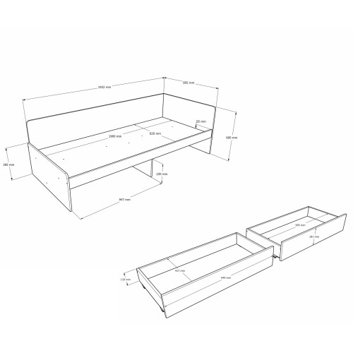 Pat cu sertare Sonata 800 cu cadru de saltea din PAL 82x190 cm, Graphite