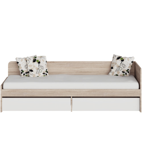 Pat cu sertare Sonata 800 cu cadru de saltea din PAL 82x190 cm, Stejar Kraft Alb