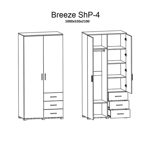 Dulap cu doua usi Breeze ShP-4 cu sertare, Wenge inchis, Stejar de lapte