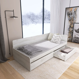 Pat cu sertare 800 cu cadru de saltea din PAL 80x190 cm, Stejar kraft alb