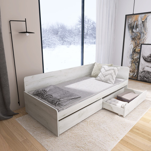 Pat cu sertare 800 cu cadru de saltea din PAL 80x190 cm, Stejar kraft alb