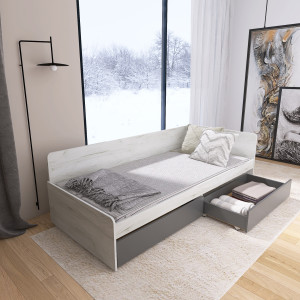 Pat cu sertare 800 cu cadru de saltea din PAL 80x190 cm, Stejar kraft alb, Grafit