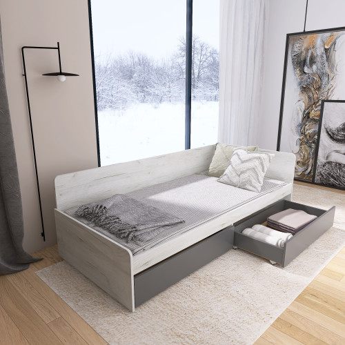 Pat cu sertare 800 cu cadru de saltea din PAL 80x190 cm, Stejar kraft alb, Grafit