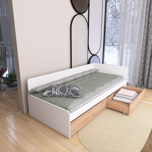 Pat cu sertare 800 cu cadru de saltea din PAL 80x190 cm, Nymphea Alba, Alb, Stejar kraft gold