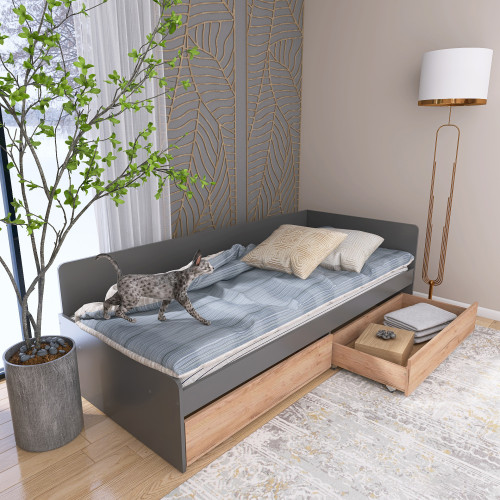 Pat cu sertare 800 cu cadru de saltea din PAL 80x190 cm, Grafit, Stejar kraft gold