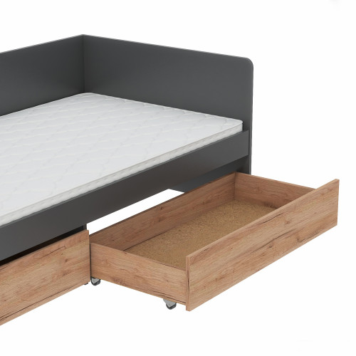 Pat cu sertare 800 cu cadru de saltea din PAL 80x190 cm, Grafit, Stejar kraft gold
