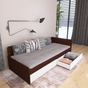 Pat cu sertare 800 cu cadru de saltea din PAL 80x190 cm, Wenge inchis, Alb