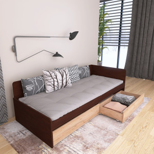 Pat cu sertare 800 cu cadru de saltea din PAL 80x190 cm, Wenge inchis, Stejar kraft gold