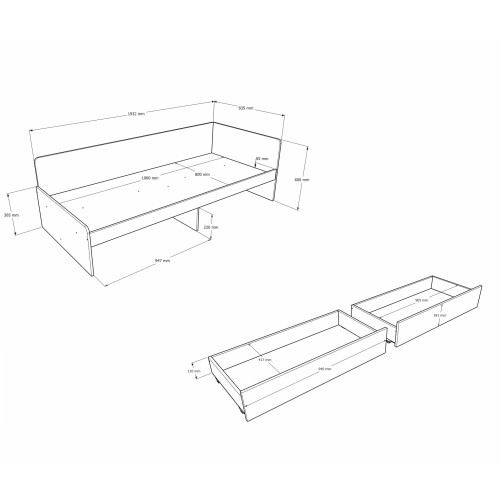 Pat cu sertare 800 cu cadru de saltea din PAL 80x190 cm, Stejar kraft alb
