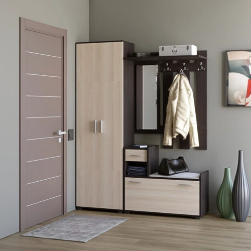 Hol de intrare Tandem-L cu dulap cu balamale ShP 1, Wenge inchis, Stejar de lapte